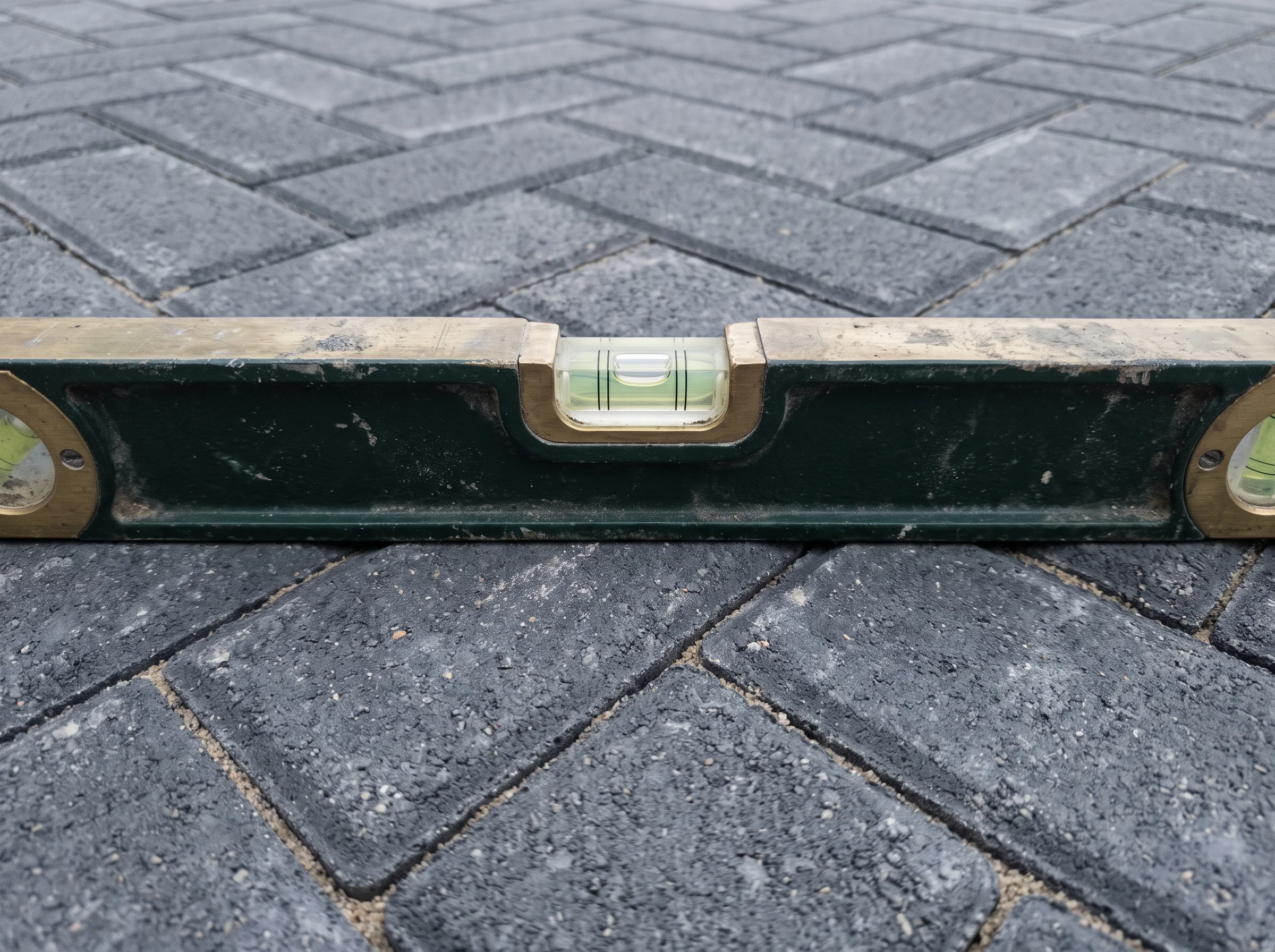 Spirit level resting on newly laid charcoal block paving with its bubble exactly centred