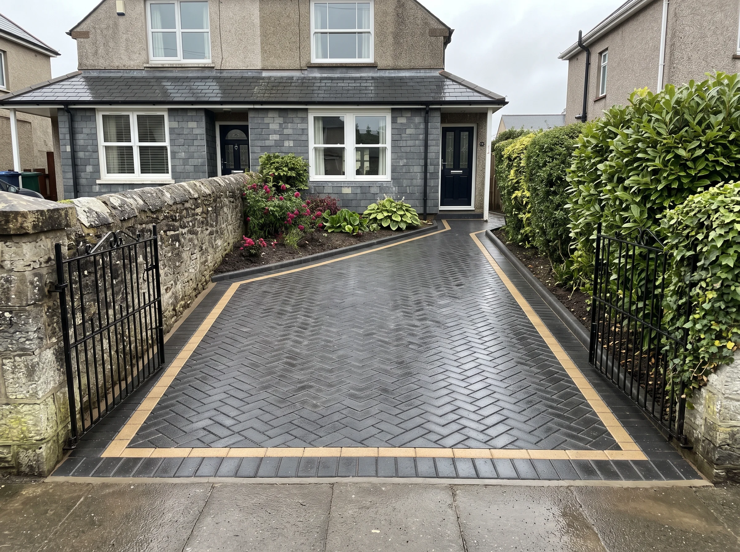 Finished charcoal herringbone block paving driveway with buff border, wet with rain, seen from the front gate