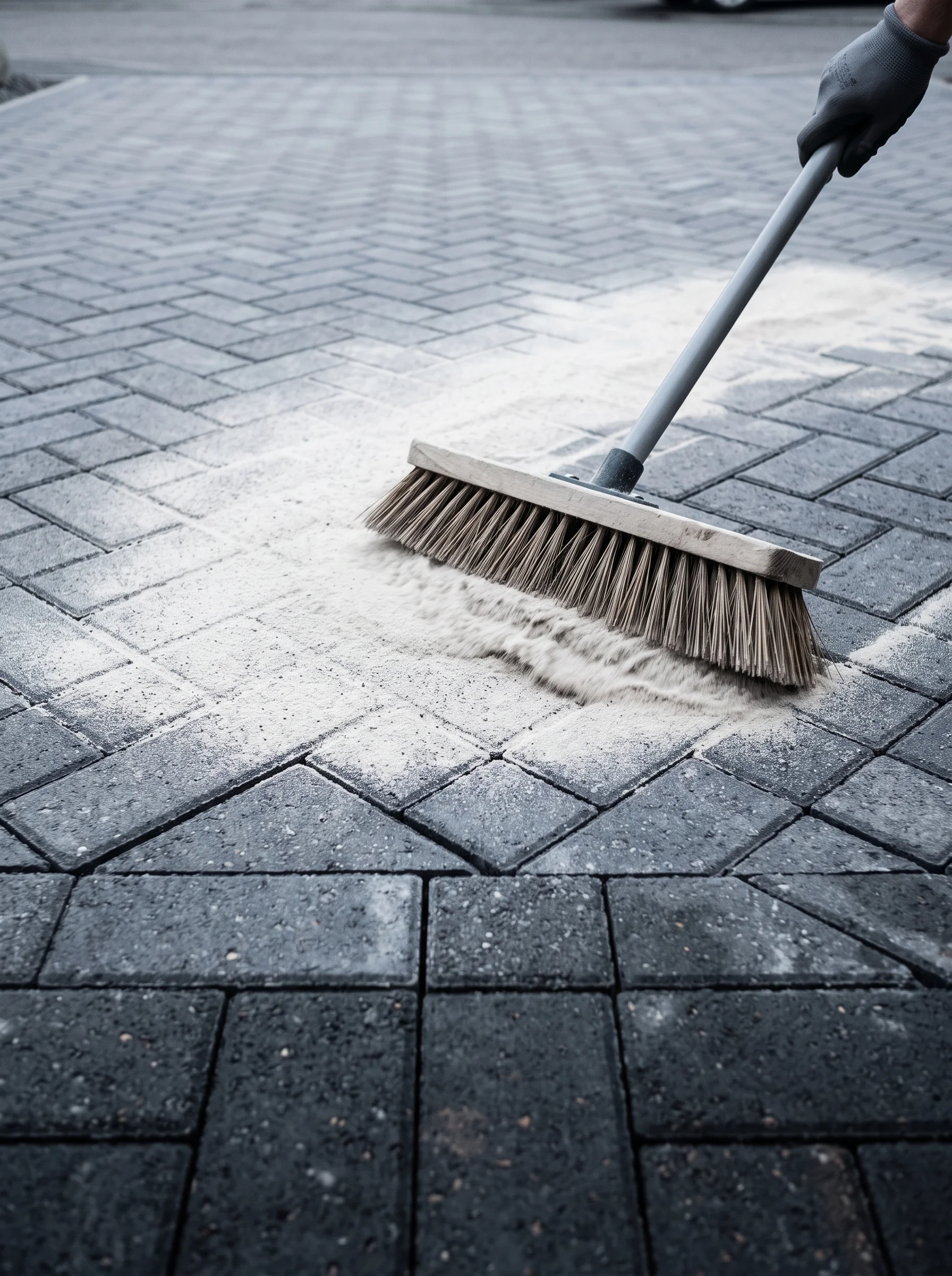 Broom brushing pale kiln-dried sand into the joints of freshly laid charcoal block paving