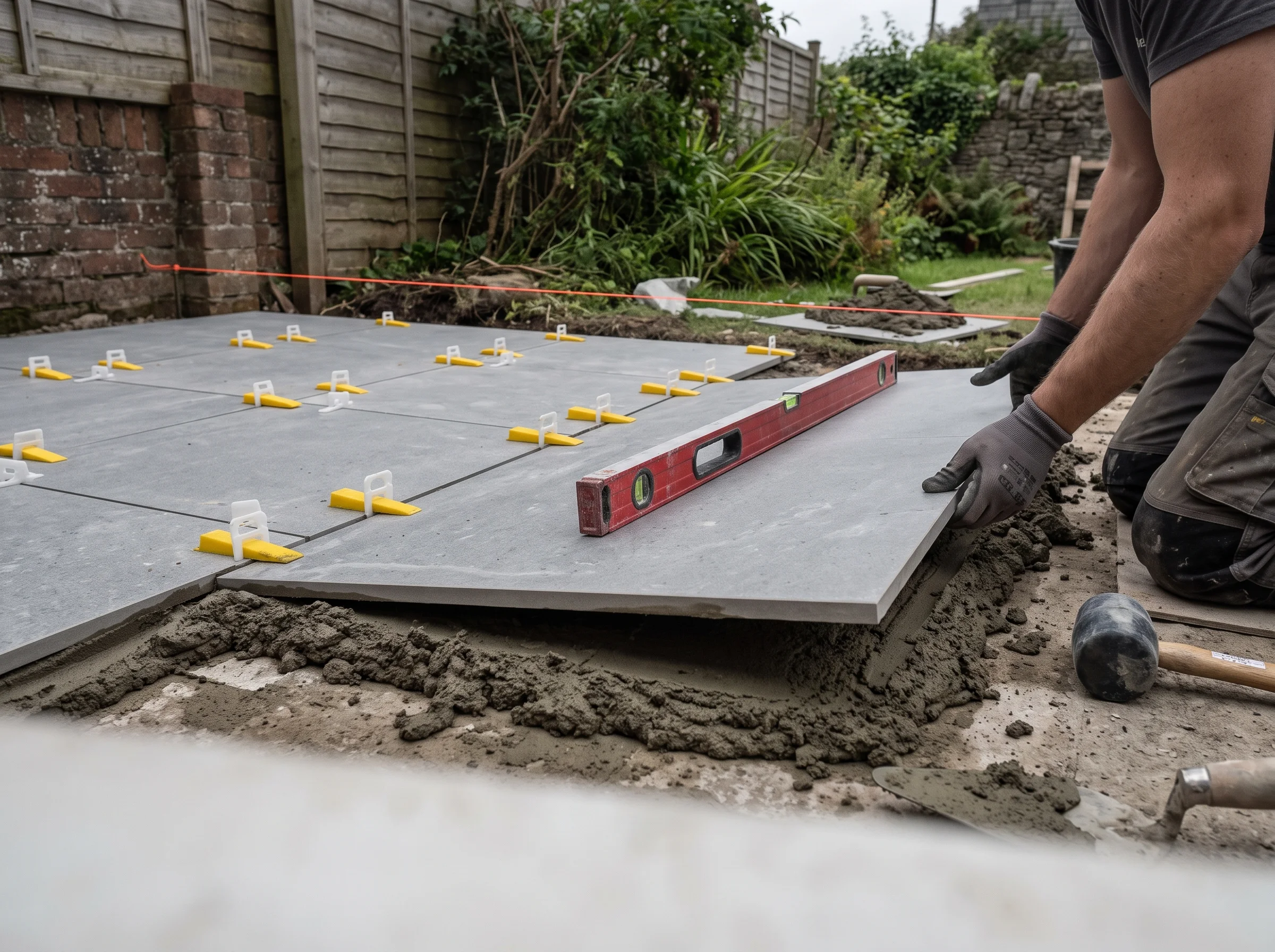 Grey porcelain patio slab being laid on a full mortar bed with levelling clips in a rear garden