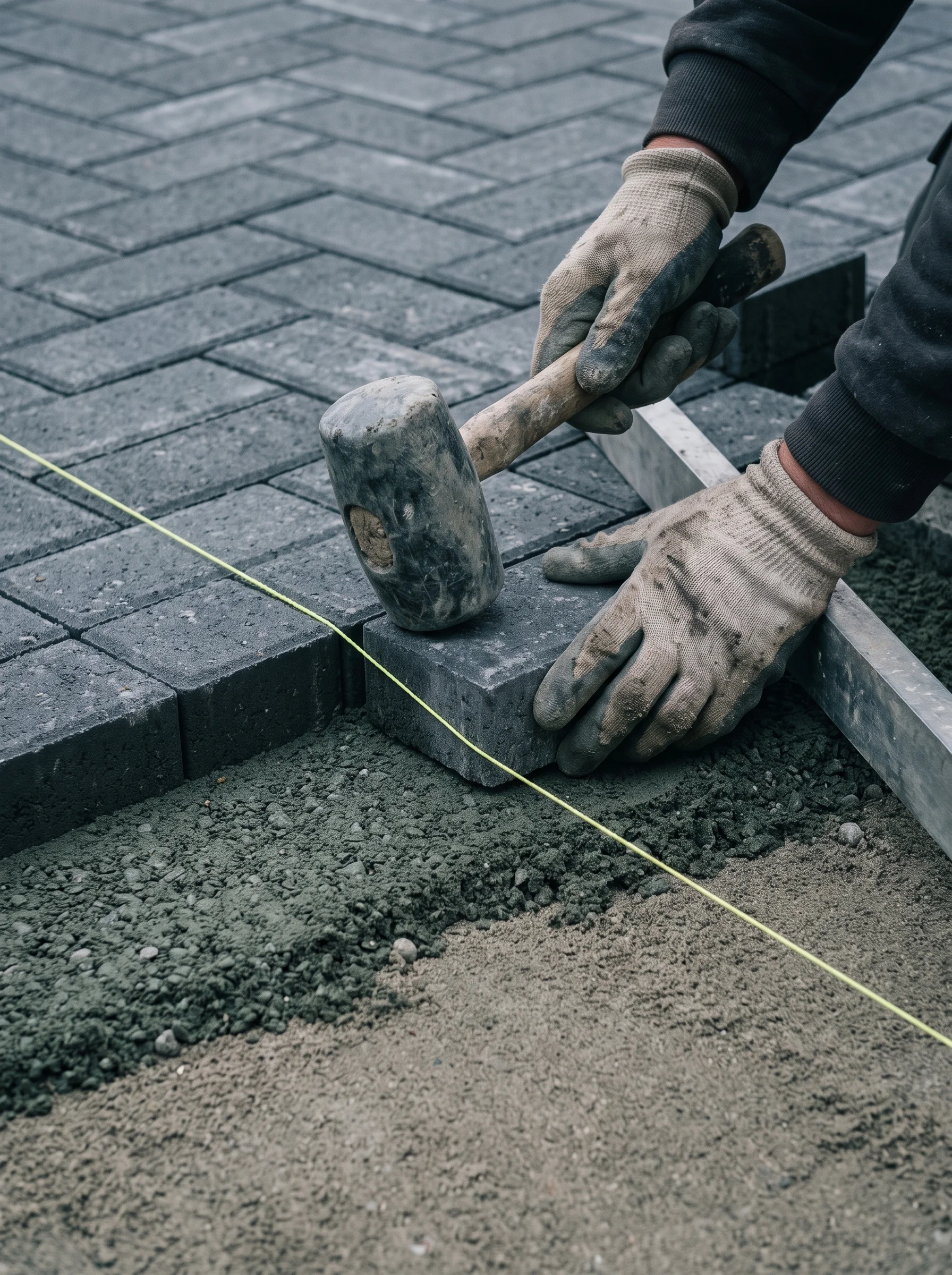 Gloved hands using a rubber mallet to tap a charcoal paving block into a herringbone pattern