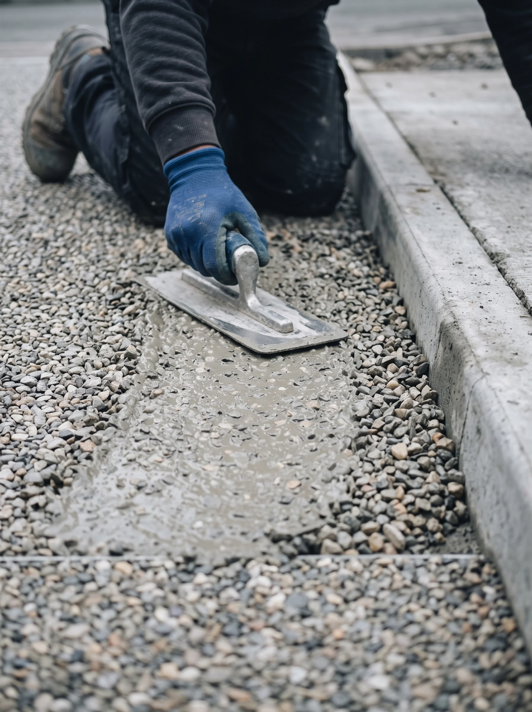 Steel trowel smoothing freshly laid resin-bound aggregate at the edge of a driveway