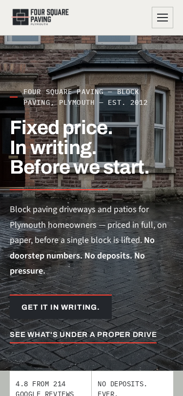 Four Square Paving home page on a phone